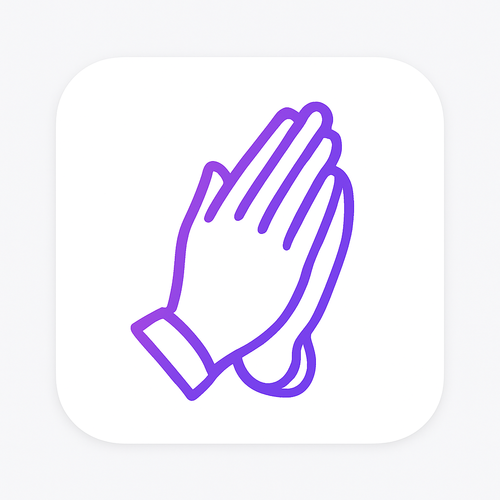 ícone Oração em estilo minimalista e coerente com o tema Astra (fundo branco, linhas em gradiente roxo e proporções quadradas)