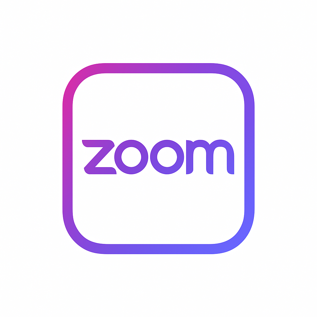 ícone do Zoom em estilo minimalista e coerente com o tema Astra (fundo branco, linhas em gradiente roxo e proporções quadradas)